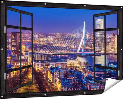Gards Tuinposter Doorkijk Rotterdamse Skyline met de Erasmusbrug - 150x100 cm - Tuindoek - Tuindecoratie - Wanddecoratie buiten - Tuinschilderij