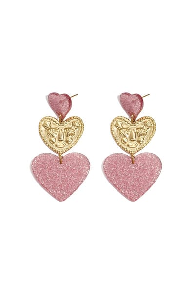 Statement oorbellen met glitter harten - Paars