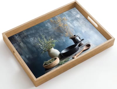 Dienblad hout 50x35 cm - Schootdienblad - Pan - Kruiden - Schilderachtig - Borrelplank rechthoek - Plateau dienbladen