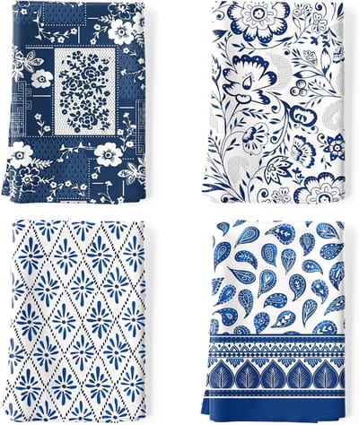 Famanu - Set van 4 retro blauwe katoenen theedoeken 48x70 cm, sneldrogend en stijlvol