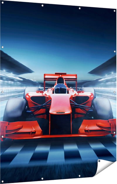 Gards Tuinposter Formule 1 Auto bij de Finish - Rood - 120x160 cm - Tuindoek - Tuindecoratie - Wanddecoratie buiten - Tuinschilderij