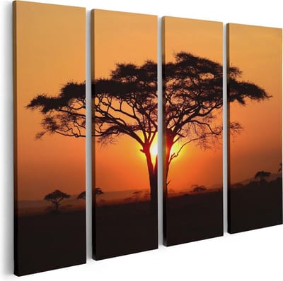Artaza Canvas Schilderij Vierluik Zonsondergang Achter Een Savanne Boom - 80x60 - Foto Op Canvas - Canvas Print