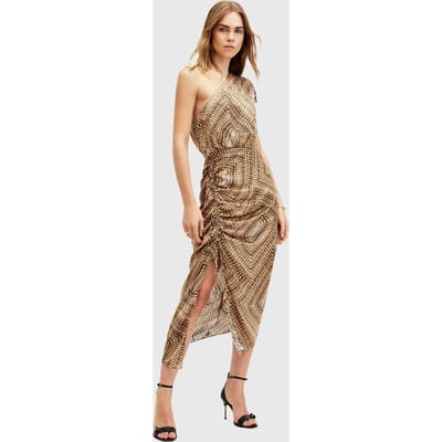 AllSaints Laura Luisa Dress Sand Brown Maat: 0 | Midi Jurken Outlet | Dames | Bruin