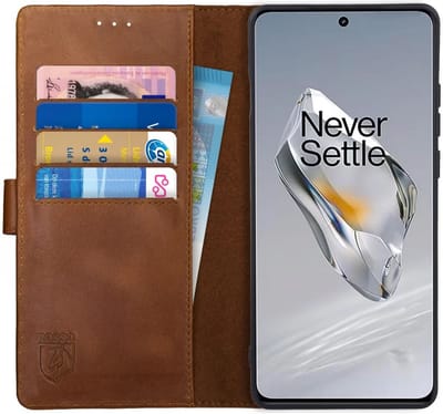 Rosso Deluxe Echt Leer Book Case Hoesje Geschikt voor OnePlus 12 | Ruimte voor drie pasjes | Portemonnee Book Case | Met Pasjeshouder | Bruin