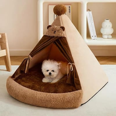 Kattenhuis – Hondenmand Tent – Zachte Pluche Kattenmand – Opvouwbare Huisdiertent – Voor Katten en Kleine Honden – Slaapplaats voor Binnen – Beige/Bruin – M (50 × 50 cm) – 1 Stuk