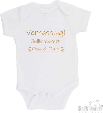 100% katoenen Romper "Verrassing! Jullie worden Opa & Oma" Unisex Katoen Wit/tan Maat 62/68