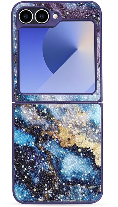 Casemania Hoesje Geschikt voor Samsung Galaxy Z Flip 6 - Blauw - Diamant Marmer Glitter Back Cover