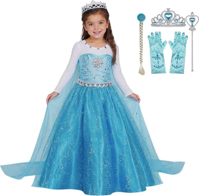 Joya Kids® Luxe Blauwe ijsprinses Verkleed Jurk met Ster | Glamour Jurk met sleep | Prinsessenjurk meisje | Verkleedjurk + Accessoires set | Blauw | Maat 110/116 (110)