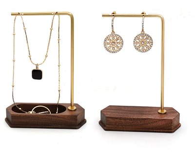 MAGICSHE 2 Stuks L-Vormige Sieradenstandaard, Sieradenhouder, Juwelenhouder - Metalen Frame Met Houten Basis Voor Kettingen, Armbanden, Oorbellen En Ringen Model A