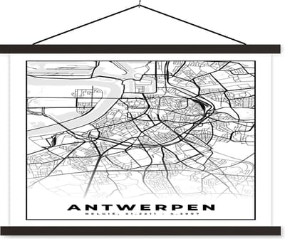 Posterhanger incl. Poster 60x40 cm - Schoolplaat - België – Antwerpen – Stadskaart – Kaart – Zwart Wit – Plattegrond - Textielposter - Zwarte latten - Stadskaart