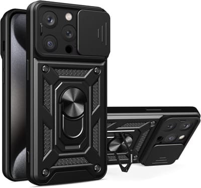 Hoesje geschikt voor iPhone 15 Pro Max met Ringhouder en Camera schuifje – Zwart