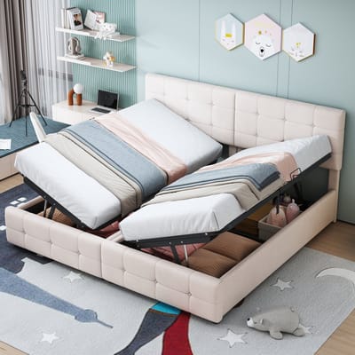 MEUNIQ gestoffeerd bed 180x200 cm met hydraulische opbergruimte, verstelbaar hoofdbord, lattenbodem en 2-in-1 deelbaar bed voor slaapkamer, beige