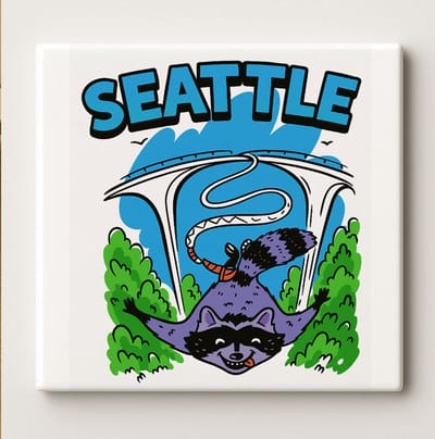 Seattle Souvenir Tegel – 15x15cm Keramische Wanddecoratie – Leuk Wasbeer Ontwerp Stedencadeau & Reisherinnering Decoratie