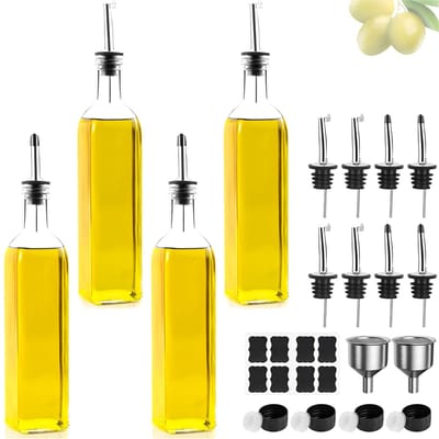 Set van 4 glazen olie- en azijnflessen 500 ml met schenktuit en deksel