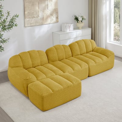 MODENUIT Hoekbank - Modulaire 3-Zits Met Ottoman - Diepe Zitting - Voor Woonkamer En Appartement - Fleece Geel