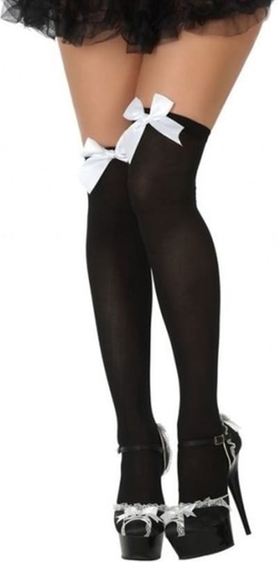 Sexy verkleed kousen zwart met wit strikje - voor dames - Feest kniekousen Carnaval