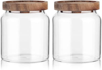 glazen voorraadpotten met houten deksel, 2x600ml glazen containers potten met breed hals, luchtdichte bewaarpotten met deksel voor suiker, koekjes, spaghetti