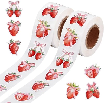 1000 Stuks Aardbei Coquette Stickers, Schattige Fruit Stickers, Waterverf Roze Strik Papieren Zelfklevende Aardbei Labels voor DIY Feest, Kaarten en Snoepzakjes