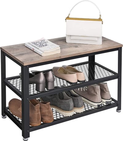 ACAZA Schoenenrek - Schoenenbank - Schoenenkast - 73 x 45 x 30 cm - Industrieel Design - Metaal met Hout - Greige