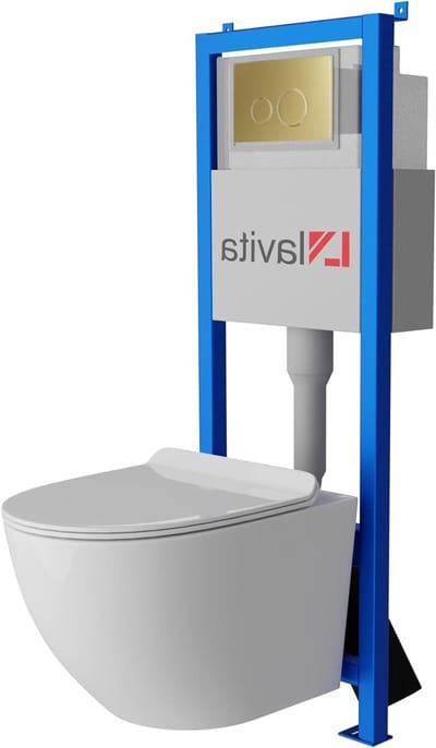 Voorwandelement met WC - Inbouwtoilet Set - Badkamer Installeren - Randloos Diepspoeltoilet - 40 cm Breed - Mat Wit Goud