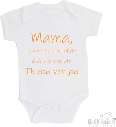 100% katoenen Romper "Mama, je bent de allerliefste & de allermooiste. Ik hou van jou" Unisex Katoen Wit/mosterd Maat 56/62