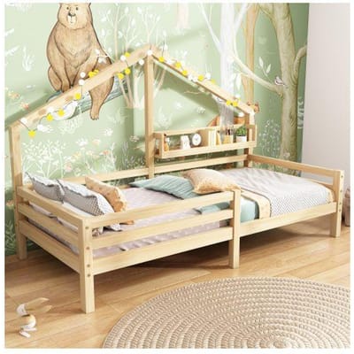 Kinderbed - MUVOE - Bed met plank - 90x200 cm - Massief hout - Scandinavische stijl natuurlijk
