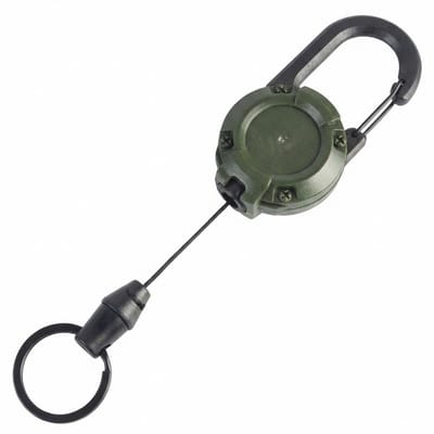 Leger groene intrekbare sleutelhanger met karabijnhaak en sleutelring – outdoor sleutelhanger voor dames en heren – compacte retractable keychain met ronde behuizing en metalen clip