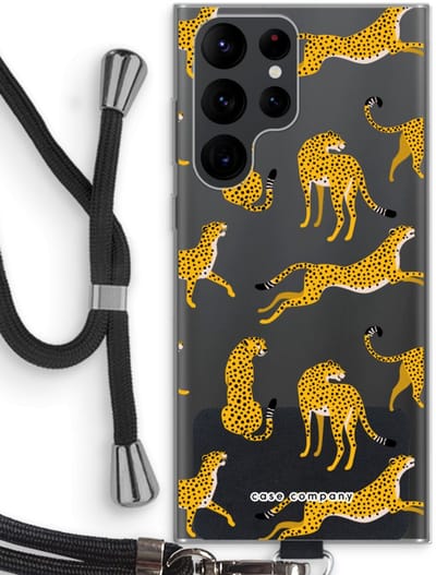 Case Company® - Hoesje met koord geschikt voor Samsung Galaxy S22 Ultra hoesje met Koord - Luipaard - Telefoonhoesje met Zwart Koord - Bescherming aan alle Kanten en Over de Schermrand