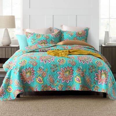 Sprei, 220 x 240 cm, katoen, groen, paisley met bloemen, bedsprei, 230 x 250 cm, quilt met 2 kussenslopen, omkeerbaar deken, vierseizoenendekbed voor tweepersoonsbed