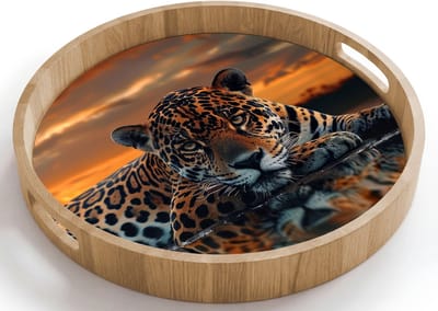 Dienblad rond 40x40 cm - Schootdienblad hout - Natuur - Luipaard - Dier - Zonsondergang - Modern - Borrelplank rechthoek - Plateau houten dienbladen