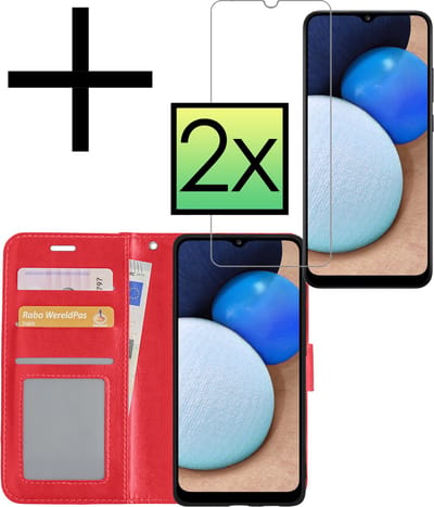 Hoesje - Met 2x Screenprotector - Geschikt voor Samsung Galaxy A02s - Luxe Pasjeshouder - Bookcase Portemonee - Flip Case - Kunstleer Book Case - Flipcase Hoes - Book Cover - Walletcase - Portemonneehoes - Rood