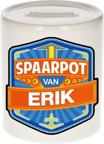 Bellatio Decorations Kinder spaarpot met naam - Erik - keramiek - met dop - wit - Sparen - Spaargeld van Erik