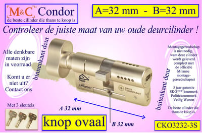 M&C Condor high security deurcilinder met Knop OVAAL 32x32 mm - SKG*** - Politiekeurmerk Veilig Wonen - inclusief MilaNNE gereedschap montageset
