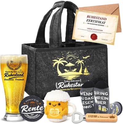 Dailygoods- Pensioengeschenk Premium Bierglazenset - Cadeau voor Gepensioneerden - Afscheidscadeau Collega's - Mannenhandtas Bier - Grappige Sokken - Pensioencertificaat - Cadeauset