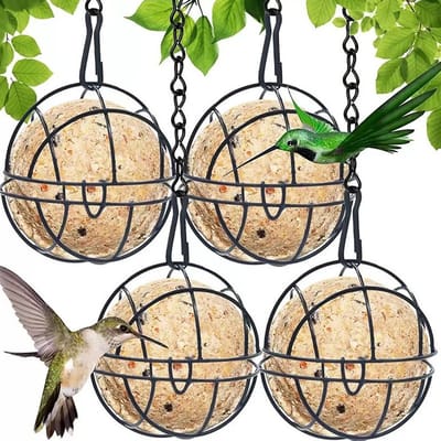carmdering - Vogelvoeder voor Wilde Vogels - 4 stuks - Hangende metalen voederbak - Hangende vetbol voederbak - Vogelvoederstation voor Buiten - Stevig en duurzaam - Met S-haak - Zwart - Geschikt voor wilde vogels, mussen, spechten