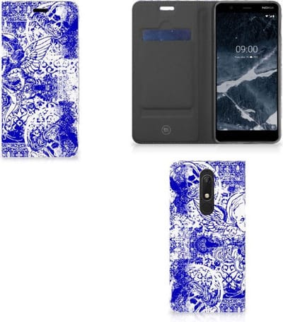 Mobiel BookCase Nokia 5.1 (2018) Angel Skull Blauw