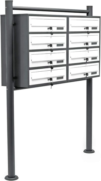 Mailboxsysteem met 8 brievenbussen en staande voet, poedercoating antraciet-wit
