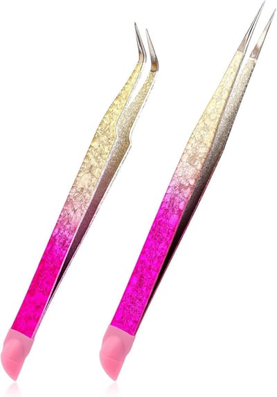 Allecto Plus - Dubbelzijdige Nail Art Pincet Set van 2 - Roestvrij Staal - Voor Wimperverlengingen - Nail Art Stickers - Ambachtelijke Strass Juwelen - Met Siliconen Perskop - Nagelpincet