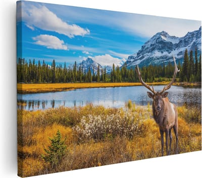 Artaza Canvas Schilderij Hertenkop Met Gewei - 30x20 cm - Klein - Wanddecoratie Bergen - Muurdecoratie Herfst - Kamer Accessoires