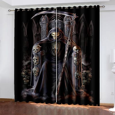 Rideaux de Fenêtre Fins pour Enfants Thème Halloween Squelette Trône Effrayant Amusant 3D Draperie de Fenêtre Décor d'Espace de Vie Chambre à Coucher 135W185H(CM)53x73in&Grommet Top