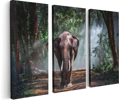 Artaza Canvas Schilderij Drieluik Olifant In Het Bos - 120x80 - Foto Op Canvas - Canvas Print