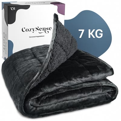CozySense® Verzwaringsdeken 7kg - 135x200cm - Dubbelzijdig Zwaartedeken met Flanel & Sherpa Kant - Weighted Blanket met GLASS-Flow® Drukverdeling - Verzwaarde Deken - Zwart