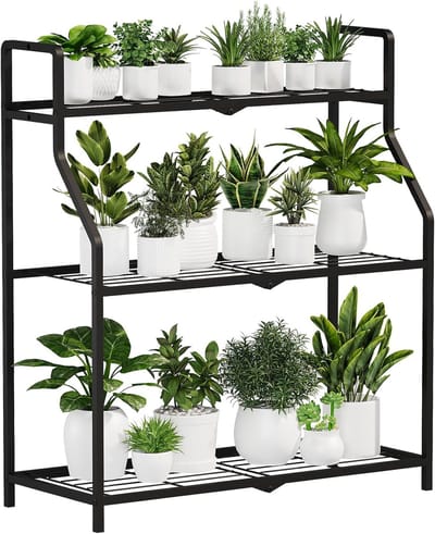 Metalen Plantenstandaard voor Binnen en Buiten 3-laags plantenrek voor meerdere planten, grote onderzetter voor bloempotten voor terras, tuin, balkon, woonkamer en slaapkamer