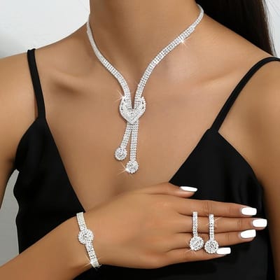1 Paar Hangende Oorbellen Ketting Armband Sieraden Set Voor Vrouwen Glanzende Strass Steentjes Ingelegd Vrouwelijke Bruiloft Accessoires brown
