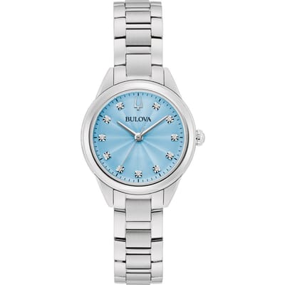 Montre femme Bulova Sutton Diamond Accents en acier inoxydable avec cadran bleu clair et quartz 96P250 bleu clair