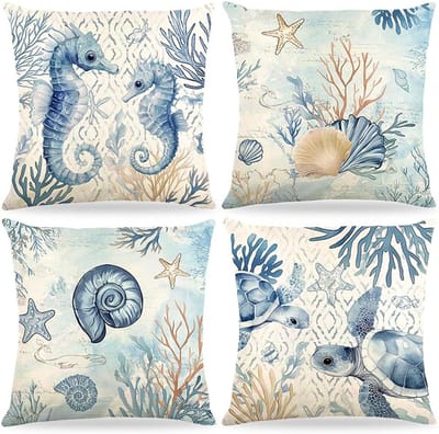 Set van 4 Kussenhoezen 40x40cm met Zee-Thema - Nautisch Design met Zeepaard, Sterrenvis en Schelp voor Woondecoratie en Bankkussens