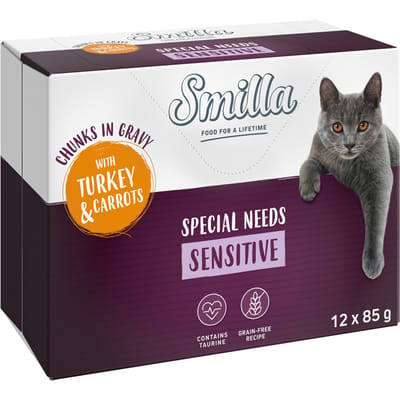 12x85g Smilla Verse Zakjes Adult Sensitive Hapjes in Saus Kalkoen en Wortelen met Groenten