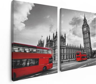 Artaza Canvas Schilderij Tweeluik Rode Bussen in Londen - Retro - 120x80 cm - Wanddecoratie Woonkamer - Schilderijen - Muurdecoratie