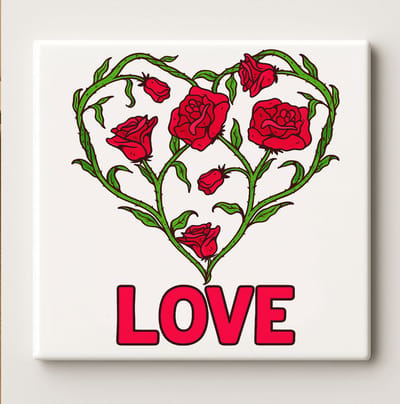 Liefde Rozenhart Decoratieve Tegel 15x15 cm – Bloemen Hart Ontwerp met “Love” Tekst – Romantische Wand- & Woondecoratie Cadeau