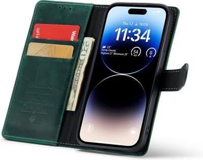 iPhone 14 Pro Max Bookcase hoesje - CaseMe - Effen Groen - Leer